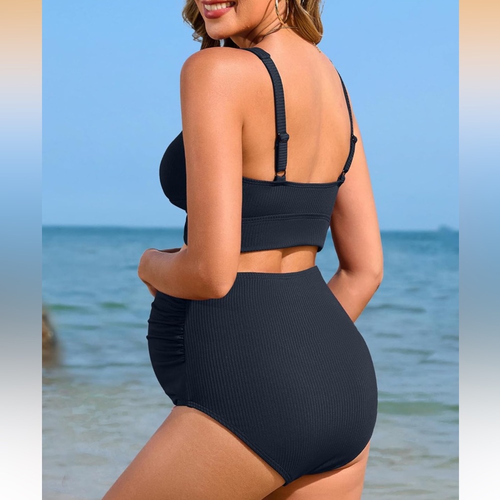 CHARMO Dark Navy Ribbed Maternity Bikini Set - Picture 11 of 11